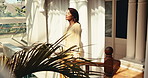 Resort, balcony and woman with smile, mindfulness and breathing on weekend, reflection and tourism. Happy, tourist and mature person on break, positive attitude and thinking on vacation in hotel