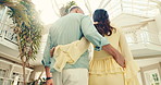 Back, couple and walk at holiday house for weekend break, luxury retirement or travel adventure. Low angle, mature person or relax at lodge for vacation getaway, resort accommodation and hospitality