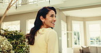 Thinking, smile or woman in resort with walking, trip mindset or mindfulness on summer holiday. Calm, stroll or mature person in hotel with happy memory, reflection or peaceful perspective in getaway