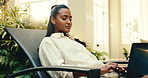 Hotel, typing and woman on laptop for travel blog, online article and lodge review for remote work. Freelancer, hospitality and person on computer for research, copywriting and report for tourism