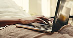 Hands, typing and woman on laptop for travel blog, online article and hotel review for remote work. Freelancer, hospitality and person on computer for research, copywriting and report for tourism