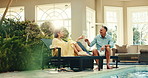 Love, cheers or couple in hotel with champagne, connection or bonding trip for anniversary. Flare, toast or mature people at pool with drink, partner vacation or happy moment on honeymoon celebration