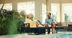Smile, swimming pool and couple in hotel with holiday, travel and bonding together for relationship. Mature people, man and woman in villa with romance, hospitality or accommodation for anniversary
