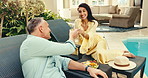 Love, toast and couple at pool with champagne, partner vacation or bonding trip in anniversary. Smile, cheers or mature people in hotel with drink, connection or happy moment on honeymoon celebration