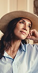 Hotel, thinking and woman relax for reflection with holiday, vacation memory or morning break. Villa, hospitality and mature person for tourist, trip and peace with travel and accommodation at lodge