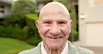 Face, old man and happy in nature for travel, peace and weekend break for fresh air at house. Portrait, senior person or smile in front yard for calm morning, good mood and retirement in neighborhood