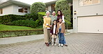 Real estate, face and happy family in front yard for new home, property purchase support or pride. Grandparents, parent or children with hug in driveway for relocation, future security or generations