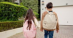Education, children and holding hands with sibling at house, back to school and walking with sister. Outdoor, home and travel with brother, knowledge and kids with backpack and family connection