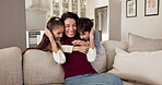 Love, mother and kids in house with support, child growth and bonding together on weekend break. Relax, childcare and family with embrace, happy moment and parent connection in childhood development.