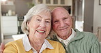 Happy, face and senior couple on sofa with embrace for affection, commitment and marriage. Retirement, selfie and elderly man and woman hug for memory, relationship and love in home with portrait