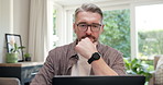 Remote work, thinking or man in home office with laptop, funding pitch or insight in budget review. WFH, digital or mature finance advisor with tech, risk evaluation or investment idea for proposal.