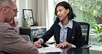 Meeting, realtor or man in home office with paper, application or review of mortgage contract. Digital, mature client or broker with document, property valuation or loan registration in consultation.