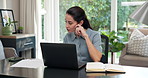 Remote work, paper or woman in home office with laptop, forecast or growth plan in finance review. WFH, digital or mature advisor with document, budget outlook or reading report on revenue projection