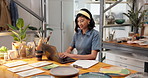 Pottery, studio and woman with laptop, paperwork and sale checklist for inventory management. Small business, startup and person on computer, online order and report for ceramic, clay design or stock