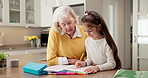 Coloring, homework and child with grandma in home, skill development or learn with creative project. Senior woman, talk and kid with assignment, happy family and cognitive growth with crayon in house