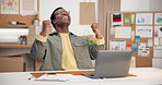 Logistics, fist pump or black man in office with laptop, sales increase or good news on webshop. Distribution, happy or entrepreneur with tech, shipping success or revenue growth in ecommerce store.