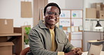 Logistics, face and black man in office with laptop, confidence and pride as distribution analyst. Happy, data and inventory administrator with tech, operation specialist and about us in supply chain