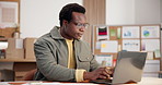 Ecommerce, man and typing in small business with laptop, thinking or customer database for logistics. Black person, sales stats and planning in retail company with computer, supply chain or forecast.