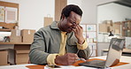 Headache, laptop or black man with stress in logistics for schedule delay, tax inflation or debt. Frustrated, male person or glasses with eye strain for shipping issue or supply chain error in office