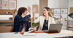 Happy, people and high five with laptop for logistics, winning or good news in small business. Businessman, woman or smile with documents or computer for teamwork, distribution success or order