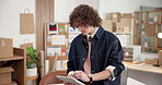 Man, tablet and typing in startup for logistics, stock control and inventory update on website. Entrepreneur, tech and connectivity in small business for social media engagement, order info or stylus