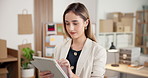 Ecommerce, woman and typing in office with tablet, process online order and courier app for delivery. Logistics, person and monitor shipping in small business with tech, retail website and email.