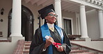 Thinking, woman or diploma on campus for graduation, growth mindset or happy reflection of success. Black person, graduate and future vision outdoor for transition, certificate achievement and dream