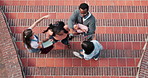 Group, student and fight with bully in university for disagreement, argument or public conflict. Top view, academic people or broken friendship with dispute, jealous rumor or social tension on campus