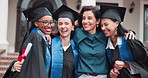 University, women and professor with students for graduation, walk and milestone for education goals. Group, campus and people with ceremony, degree and success for achievement and college diploma