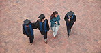 College, above and professor with students for graduation, walk and milestone for education goals. Group, campus and people with ceremony, degree and success for achievement and university diploma