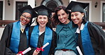 Face, students or professor with hug for graduation pride, achievement or cheering with diploma. Excited, lecturer or embrace girls outdoor for ceremony support, graduate celebration and certificate
