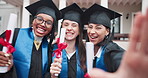 University, women and students with selfie for graduation, face and milestone for education goals. Portrait, campus and people with ceremony, degree and success for achievement and college diploma