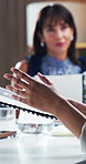 Business, meeting or hands in agency with document, profit outlook or growth plan in budget review. Discussion, woman or finance advisor with file, revenue projection or forecast with strategy report