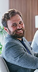 Employee, face and man with smile in meeting, laugh and confident with financial growth and career. Business, portrait and happy person with pride, accountant and ambitious for job opportunity
