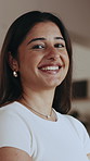 Happy, woman and relax at house with face, good mood and calm morning for weekend unwind in lounge. Portrait, female person and comfortable in home with optimism, positive attitude and stress relief