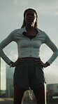 Tired, athlete and woman with sweat, bridge and exhausted after exercise routine or fitness in city. Outdoor, runner and black person with fatigue, breathing and thinking post workout and low angle