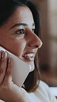 Phone call, smile and woman on break, home and listening to gossip in living room and conversation. Happy person, chat and discussion with contact, networking and communication with mobile in house