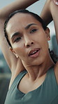 Fitness, woman and stretching arms in city for health, injury prevention or practice preparation. Female person, runner or warm up muscle to start exercise outdoor, blood flow circulation or wellness
