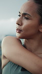 Fitness, woman and stretching in city for health, injury prevention or workout preparation benefits. Female person, runner or warm up arms to start exercise outdoor, circulation or neck wellness