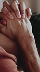 Hands, thinking and man at house with stress, bad decision and emotional distress of past trauma. Overwhelmed, male person and breakdown in lounge with inner conflict, personal crisis and rumination