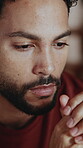 Mental health, overthinking and man in house with nerves, anxiety trigger and memory of trauma. Stress, overwhelmed and person in lounge with flashback, worry and tension with emotional thoughts.