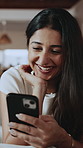 Laugh, scroll and woman in home with phone, online communication and comic post on social media. Happy, browse and person in living room with tech, funny message or meme reaction on chat app.
