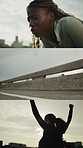 Woman, running and celebration in city with fitness goals, success and fatigue from sprint exercise. Montage, person and tired runner outdoor in urban town with workout achievement, cheer or wellness