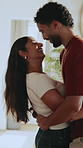 Love, playful or couple in house with dance, romantic moment or bonding together on weekend break. Laughing, groove or people in home with embrace, rhythm or fun connection in happy relationship.