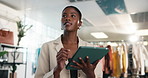Fashion, woman and thinking in clothing store with tablet, inventory management and entrepreneurship. Small business owner, black person and vision in boutique with tech, check stock and retail shop.