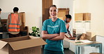 Face, woman and volunteer in charity with arms crossed, smile and social responsibility for outreach. Happy, person and confidence in NGO with donation box, philanthropy or about us for organization.