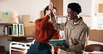 Happy, people and tablet at startup with high five, good news and bulk order of clothing ecommerce. Smile, team or celebrate in office with digital, online sales and positive reviews of fashion brand