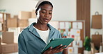 Logistics, typing or black woman in office with tablet, order control or review monitor on webstore. Digital, reading or entrepreneur with tech, delivery status or customer feedback on ecommerce site