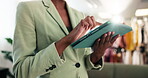 Hands, tablet and woman in clothing store for small business, online shop management and flare. Typing, person and technology in boutique for retail, fashion industry and trade or app for startup