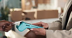 Hands, people and card for ecommerce with machine, digital payment and checkout for online order. Person, customer and contactless terminal for purchase, retail transaction and commercial fintech